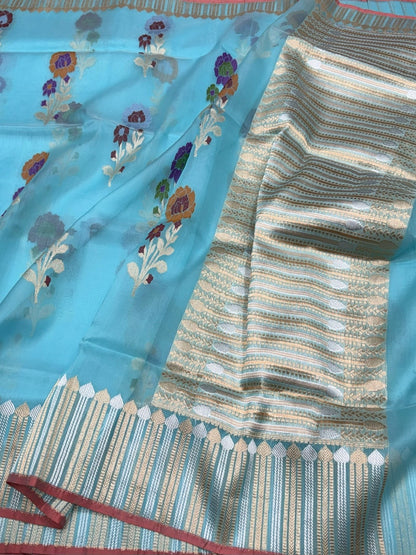 Sea Blue Handwoven Pure Organza Jamdani Saree