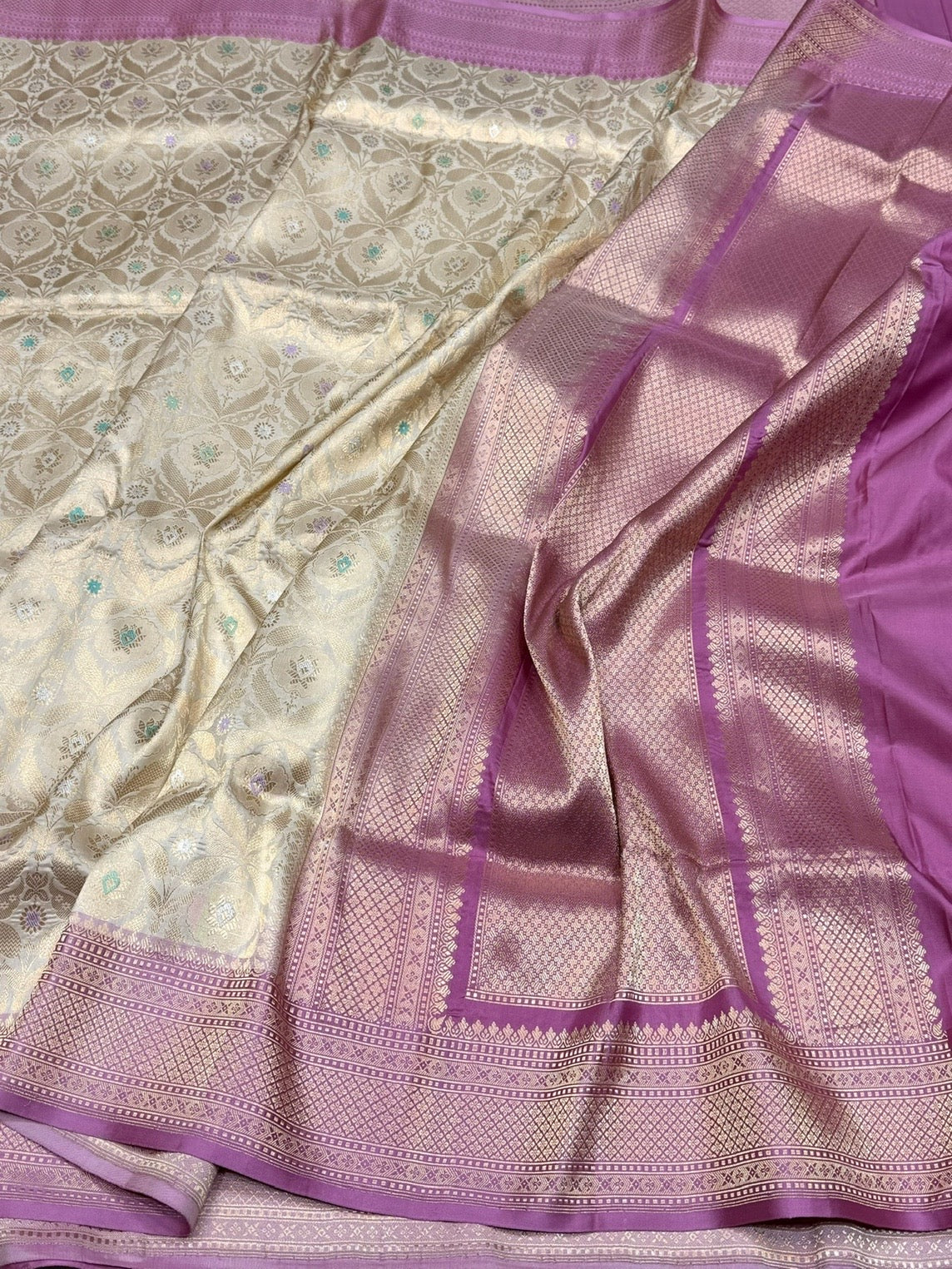 Cream Handwoven Banarasi Pure Silk Brocade Saree with Pastel Pink Satin Border – Luxurious Katan Silk