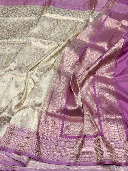 Cream Handwoven Banarasi Pure Silk Brocade Saree with Pastel Pink Satin Border – Luxurious Katan Silk