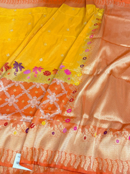 Yellow / Orange Handwoven Banarasi Pure Katan Tissue Saree