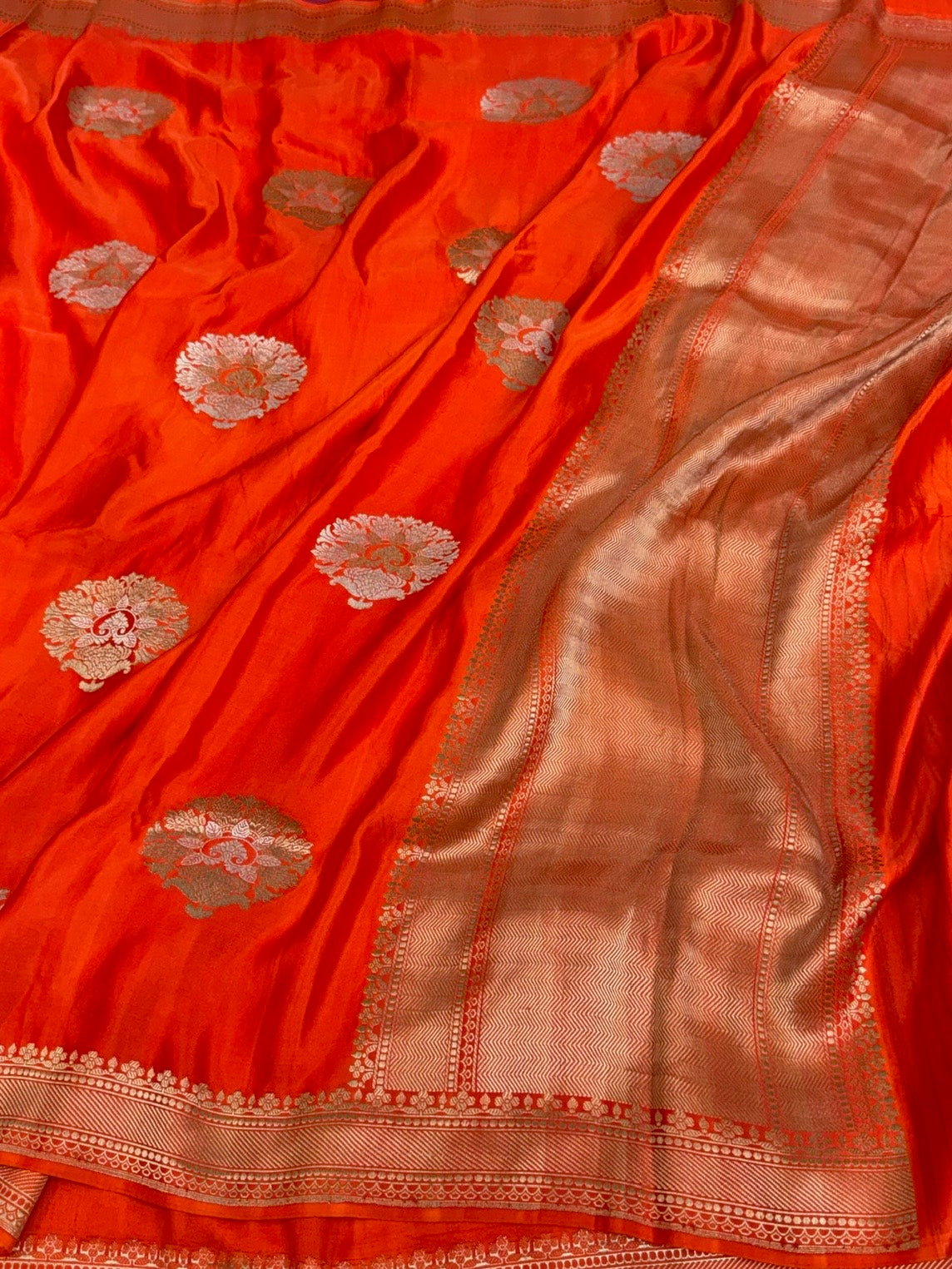 Orange Handwoven Pure Mashru Banarasi Satin Silk Saree