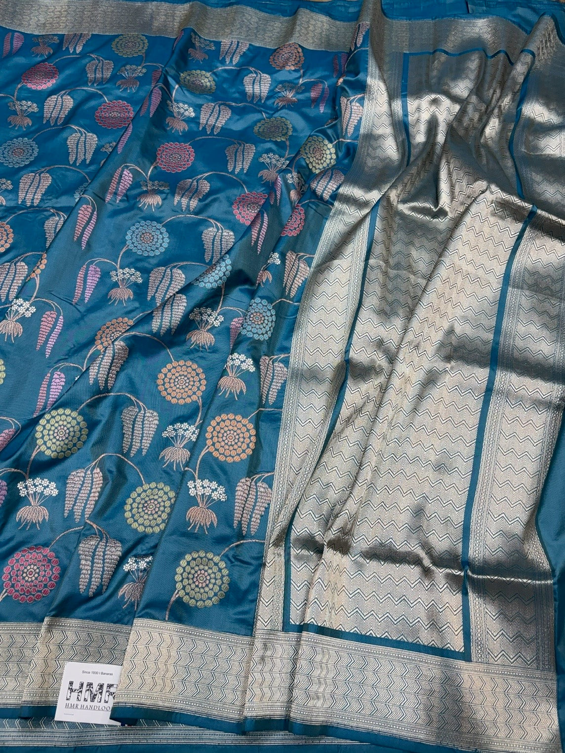 Teal Blue Handwoven Pure Banarasi Silk Saree