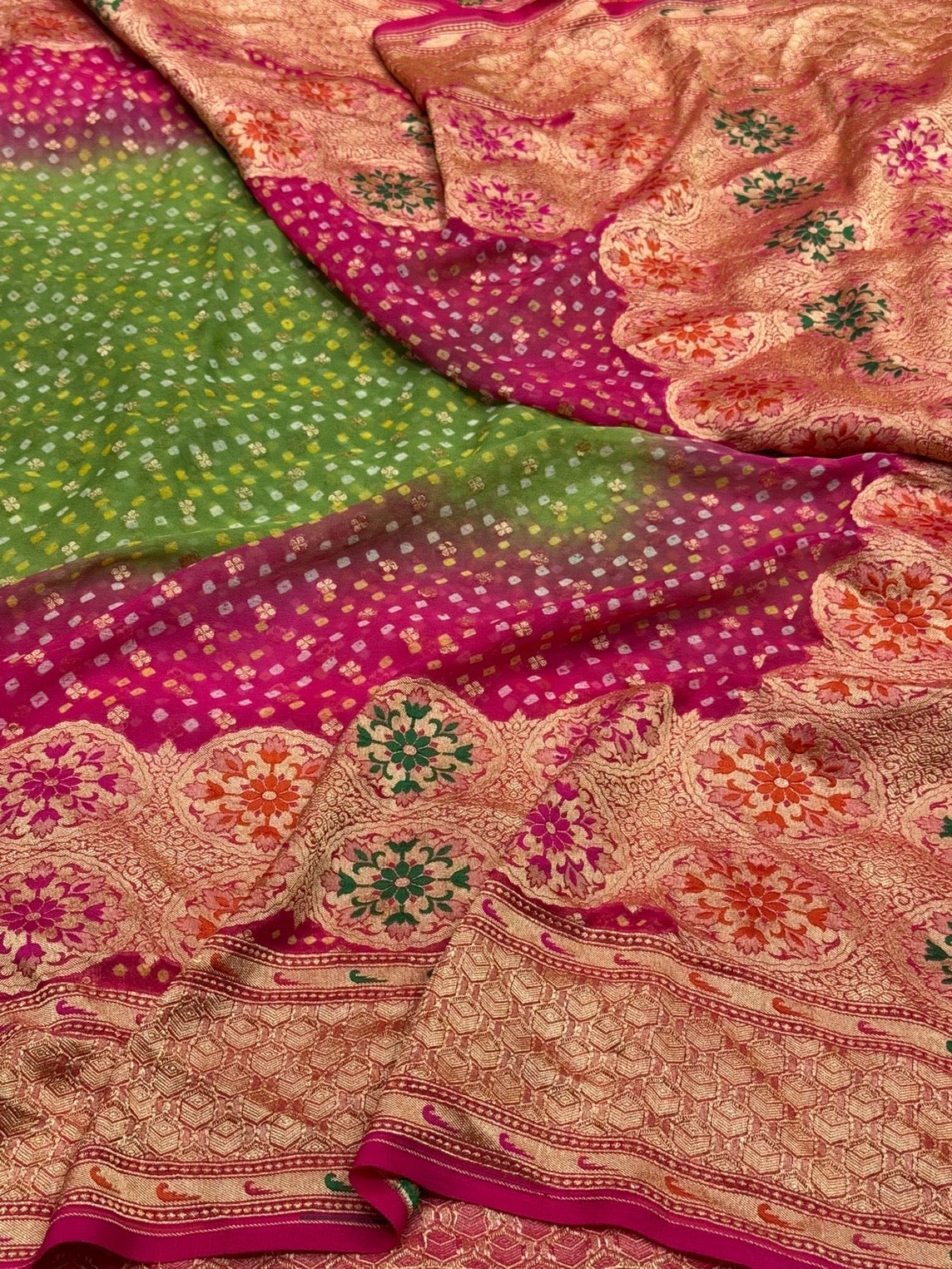 Rani Pink Banarasi Pure Bandhej Georgette Saree – Luxury Cutwork Brocade Wedding
