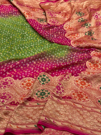 Rani Pink Banarasi Pure Bandhej Georgette Saree – Luxury Cutwork Brocade Wedding