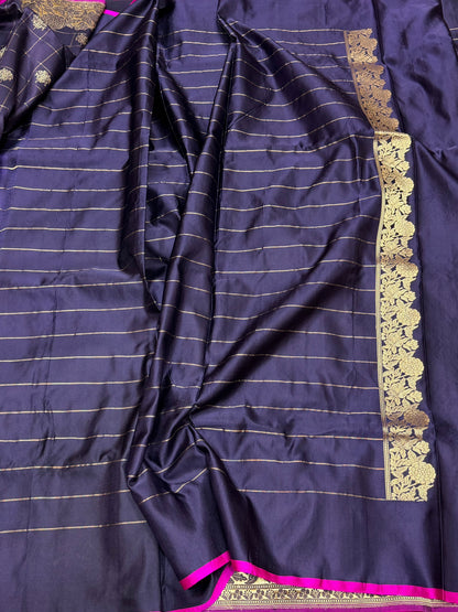 Purple Handwoven Pure Banarasi Mashru Satin Silk Saree – Kadwa Weave | Pure Satin Silk | Luxury Check Pattern