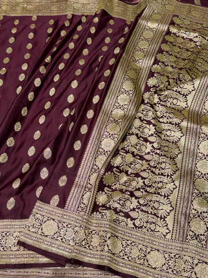 Wine Handwoven Vintage Pure Banarasi Satin Silk Saree