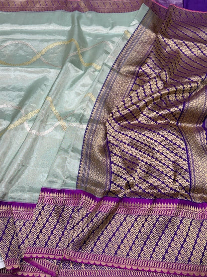 Sea Blue/Purple Handwoven Pure Banarasi Tissue Saree