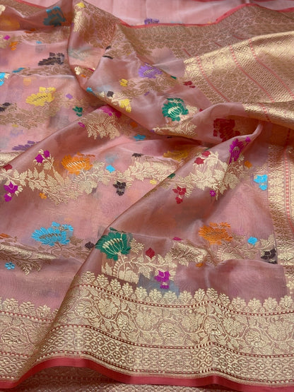 Peach Handwoven Pure Banarasi Organza Silk Saree in Kadwa Weave | 100% Pure Kora Silk