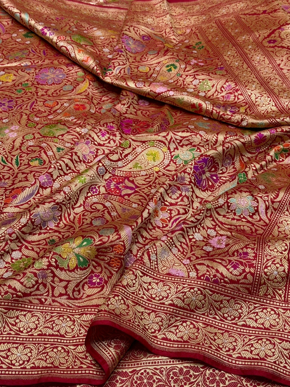 Red Handwoven Kimkhab Pure Banarasi Silk Brocade Saree – 100% Katan Mulberry Silk