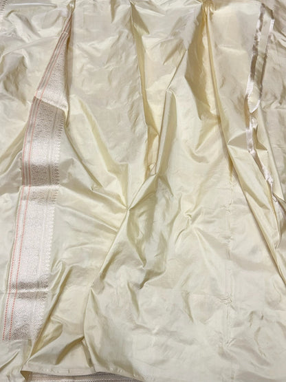 Ivory Handwoven Pure Banarasi Silk Saree – Kadwa Weave in 100% Katan Mulberry Silk