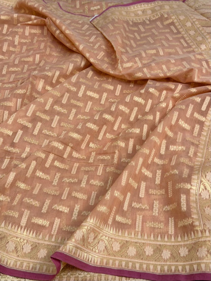 Peach Banarasi Pure Kora Cotton Saree