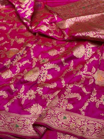 Rani Pink Handwoven Pure Banarasi Silk Saree – Kadwa Weave in 100% Katan Mulberry Silk