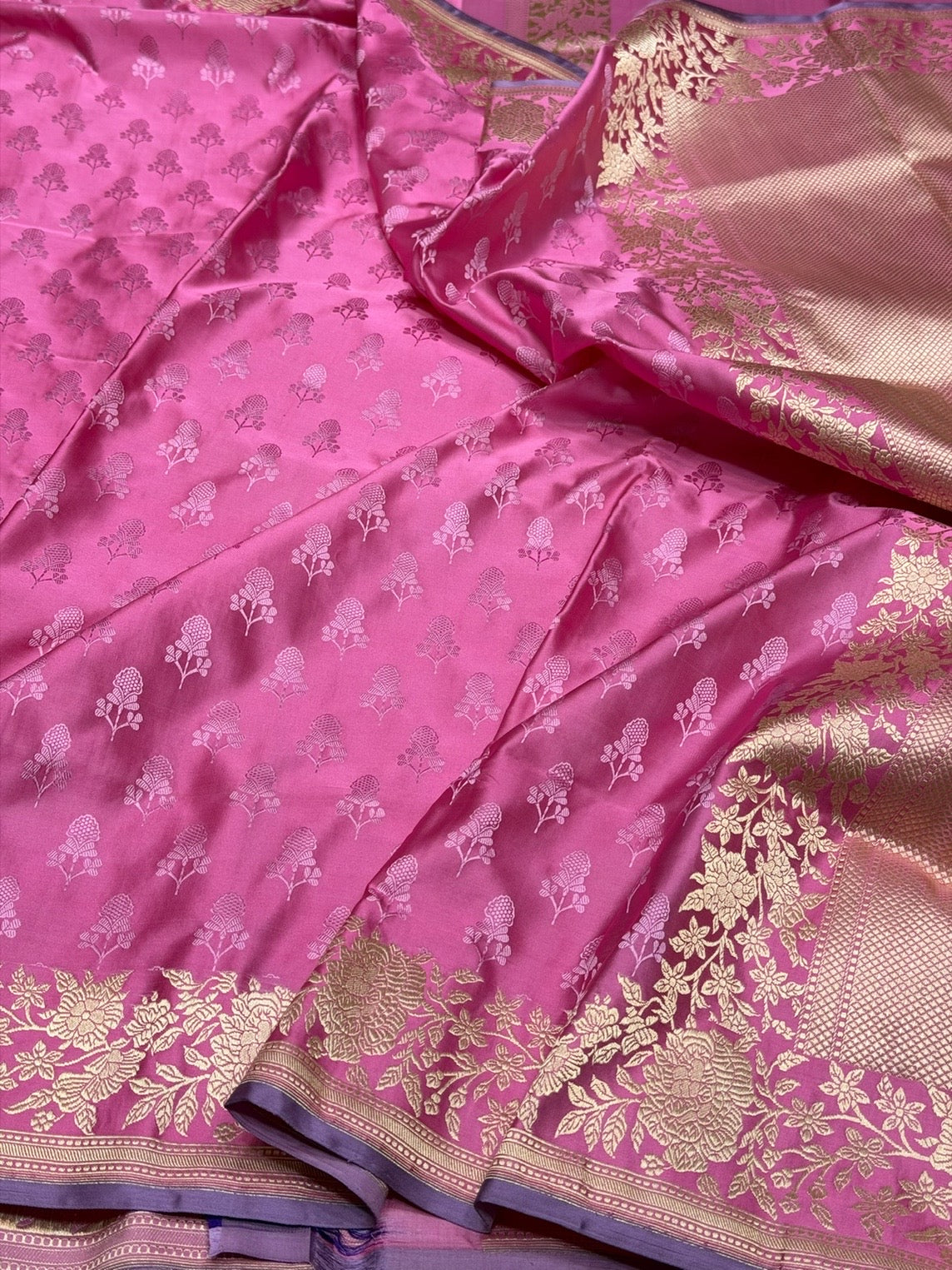 Baby Pink Handwoven Pure Banarasi Satin Tanchoi Silk Saree – 100% Pure Satin Silk, Kadwa Weave