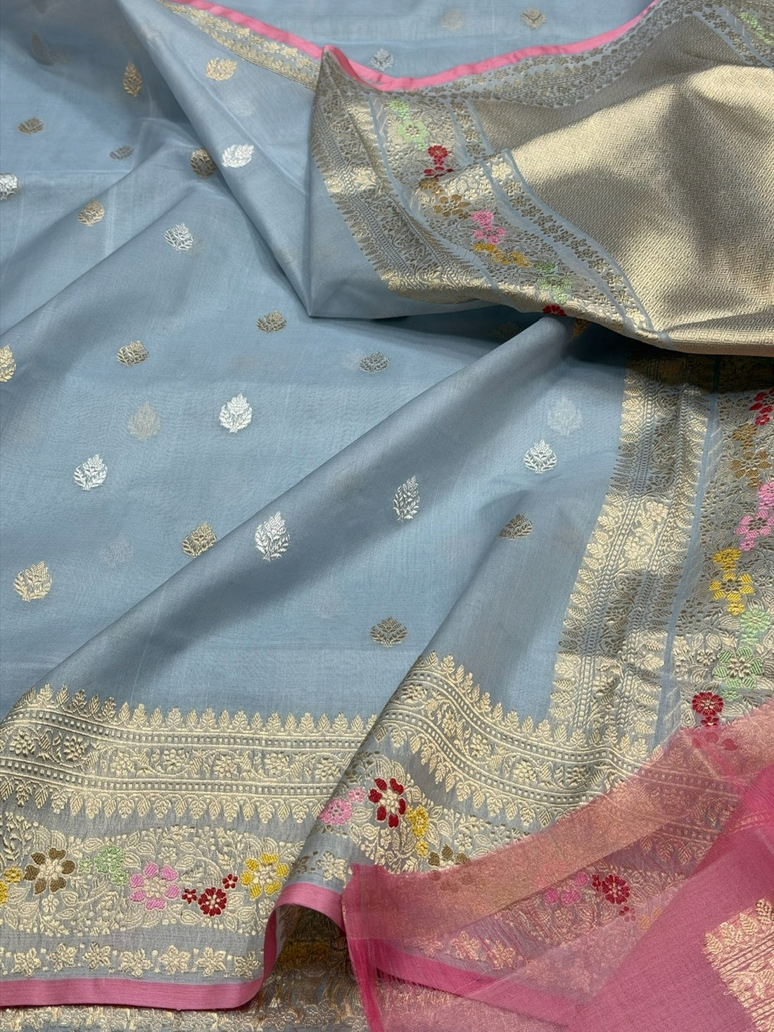 Bluish Grey Handwoven Pure Organza Silk Saree