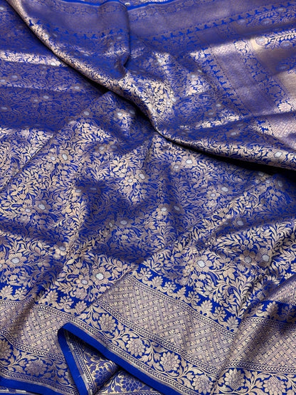 Royal Blue Banarasi Pure Silk Brocade Saree | 100% Pure Katan Silk with Gold &amp; Silver Work