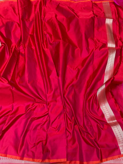 Red Handwoven Pure Banarasi Satin Tanchoi Silk Saree – Kadwa Weave | Authentic Banaras Handloom