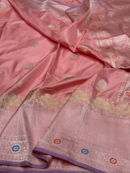 Peach Handwoven Pure Banarasi Ektara Silk Saree – Kadwa Technique | Authentic Banaras Handloom