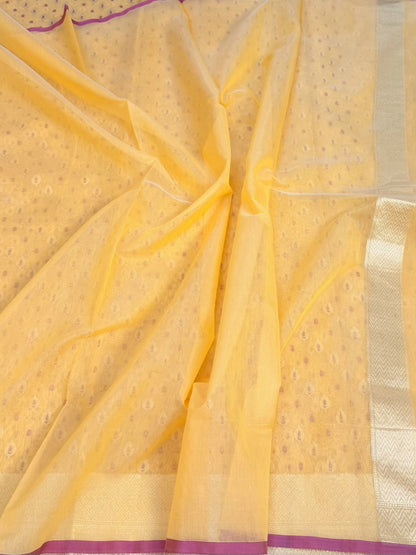 Yellow Pure Banarasi Kora Cotton Saree