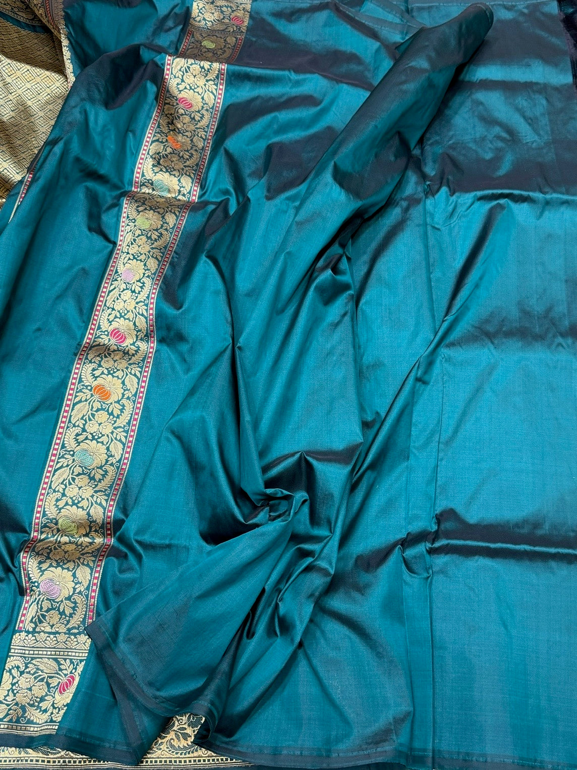 Teal Blue Handwoven Pure Banarasi Silk Saree in Kadwa Weave – 100% Katan Mulberry Silk