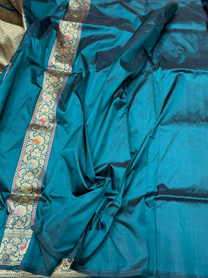 Teal Blue Handwoven Pure Banarasi Silk Saree in Kadwa Weave – 100% Katan Mulberry Silk