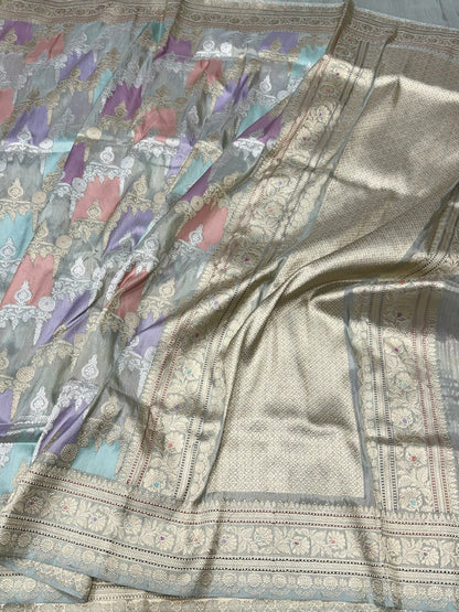 Ash Grey Handwoven Pure Banarasi Rangkaat Silk Saree