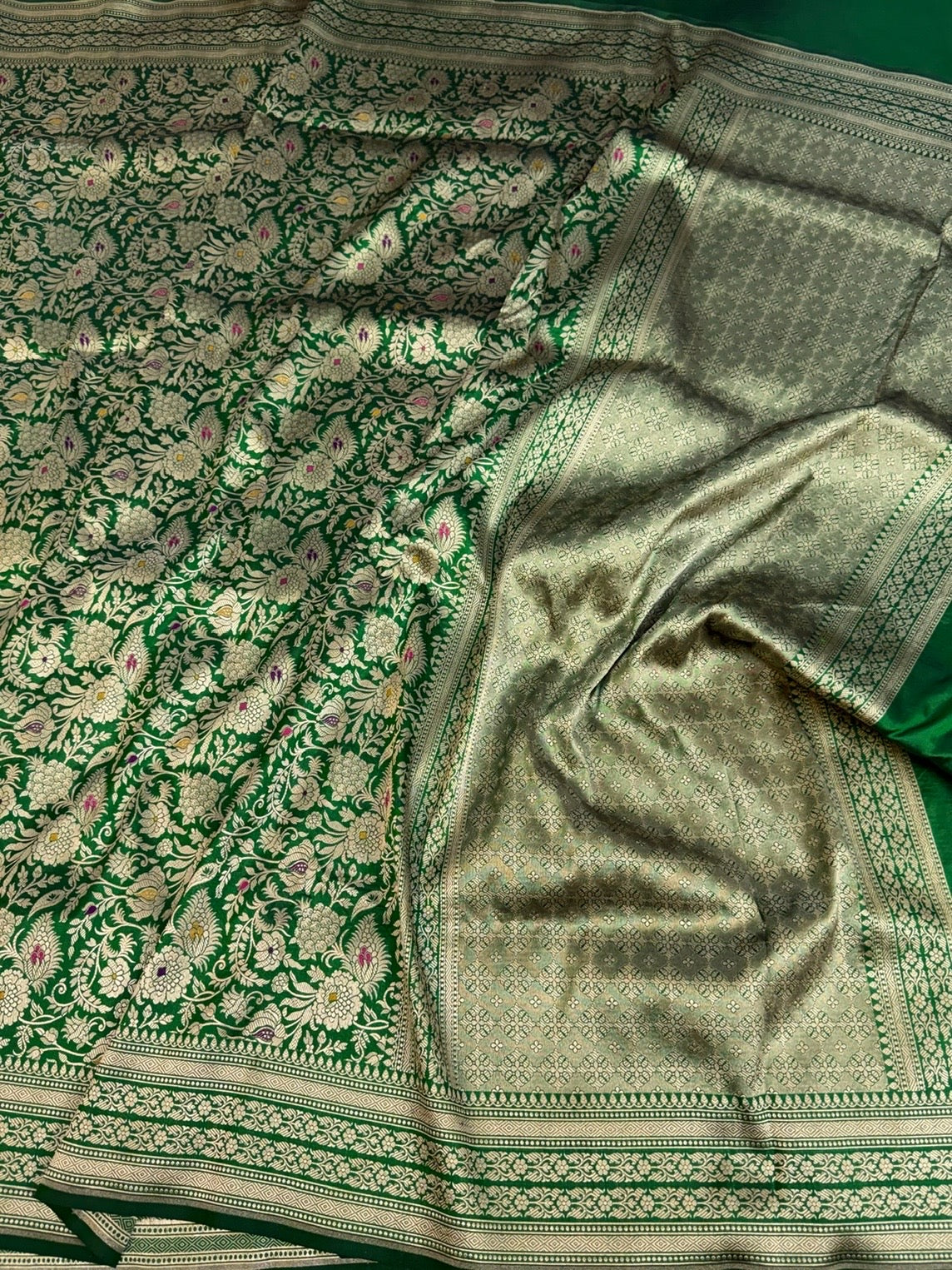 Bottle Green Banarasi Minakari Pure Katan Silk Brocade Saree