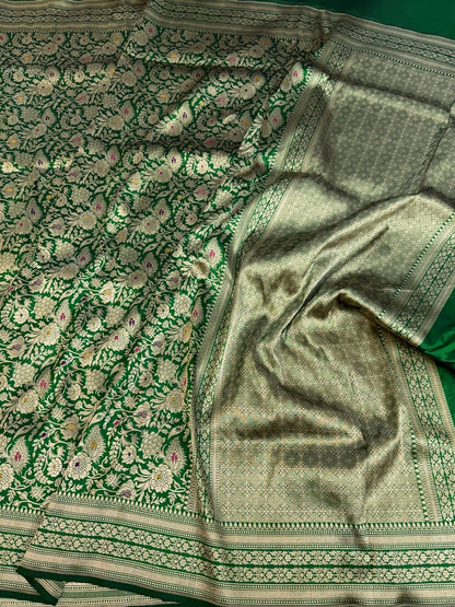 Bottle Green Banarasi Minakari Pure Katan Silk Brocade Saree