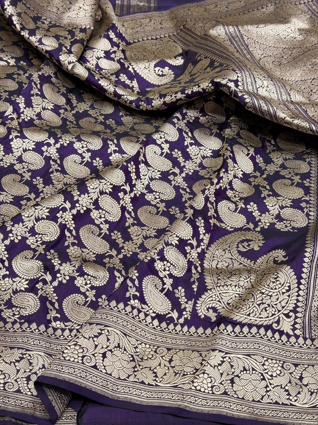 Purple Handwoven Pure Banarasi Silk Saree – Kadwa Weave in 100% Katan Mulberry Silk