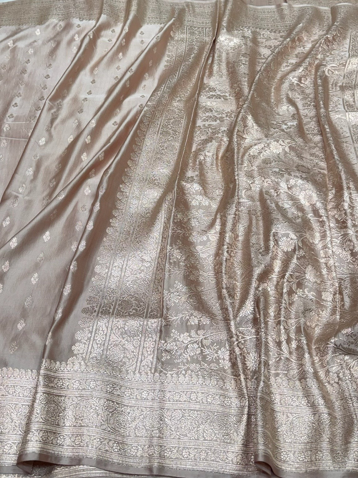 Mushroom Beige Handwoven Vintage Pure Banarasi Satin Silk Saree