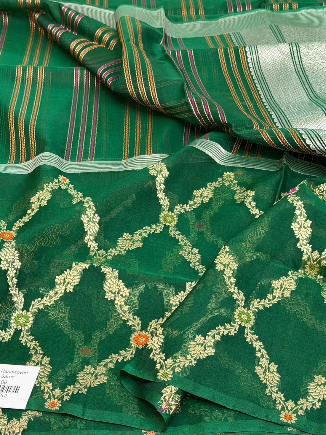Bottle green Handwoven Pure Organza Silk Saree