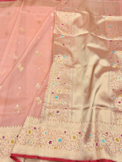 Peach Handwoven Pure Organza Silk Saree