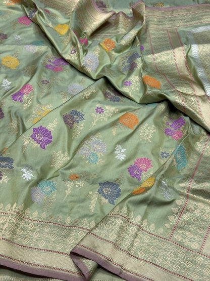 Pista Green Handwoven Pure Banarasi Silk Saree – Kadwa Weave in 100% Katan Mulberry Silk