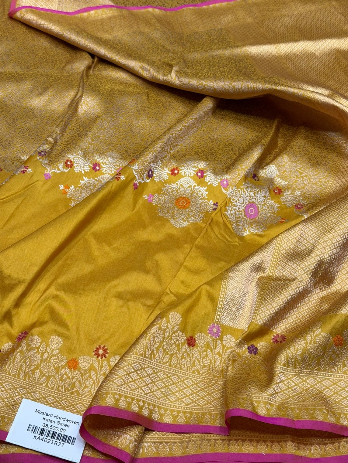 Mustard Yellow Handwoven Pure Banarasi Silk Saree in Kadwa Weave | Authentic Katan Mulberry Silk