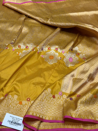 Mustard Yellow Handwoven Pure Banarasi Silk Saree in Kadwa Weave | Authentic Katan Mulberry Silk