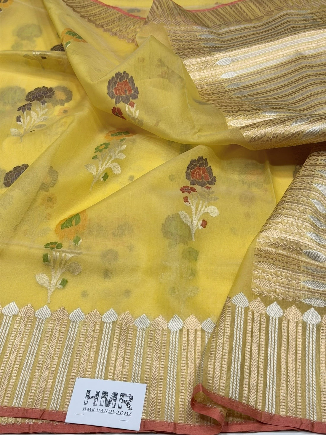 Yellow Handwoven Pure Organza Jamdani Saree