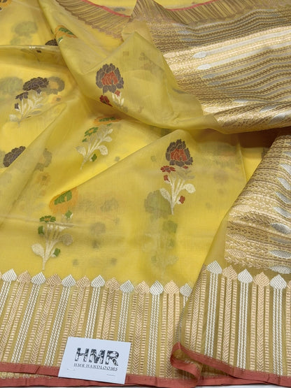 Yellow Handwoven Pure Organza Jamdani Saree