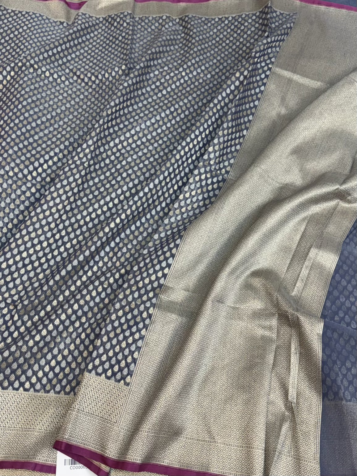Bluish Grey Pure Banarasi Kora Cotton Saree