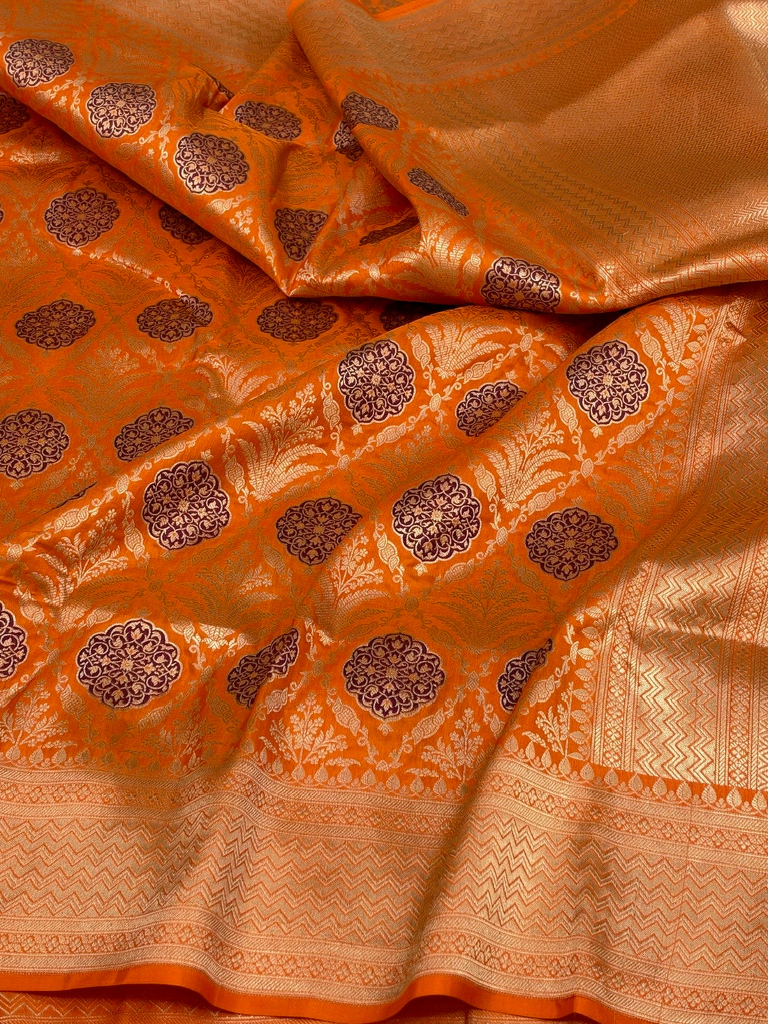Orange Banarasi Minakari Pure Katan Silk Brocade Saree