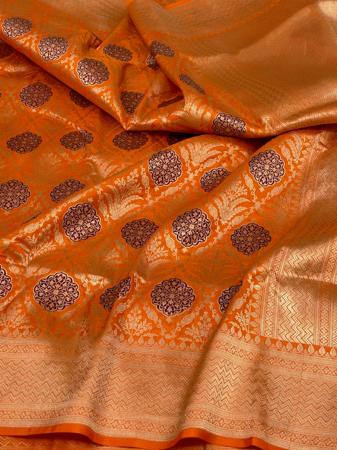 Orange Banarasi Minakari Pure Katan Silk Brocade Saree