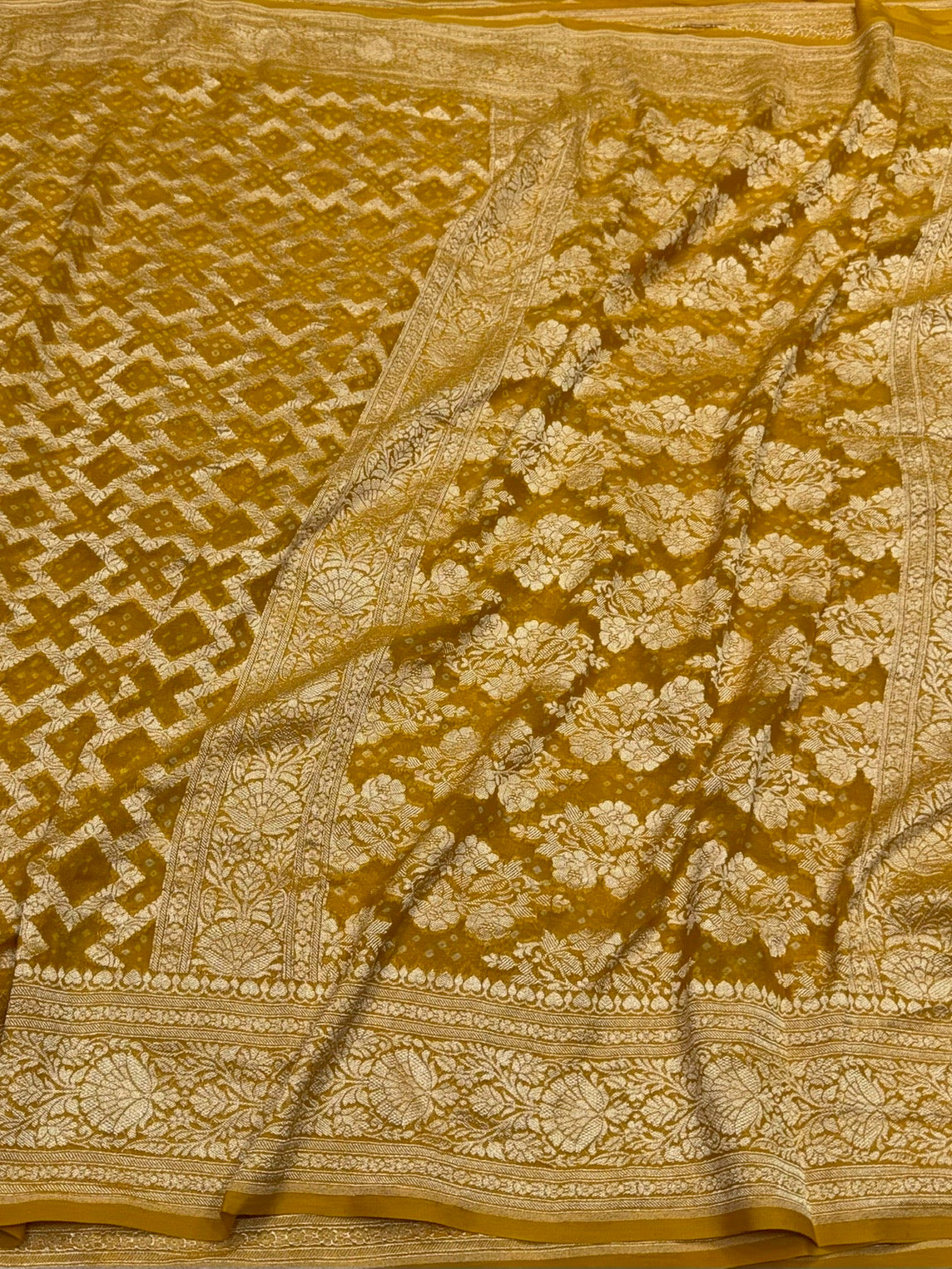 Mustard Yellow Banarasi Pure Bandhej Georgette Saree – Luxury Cutwork Brocade Festive Saree