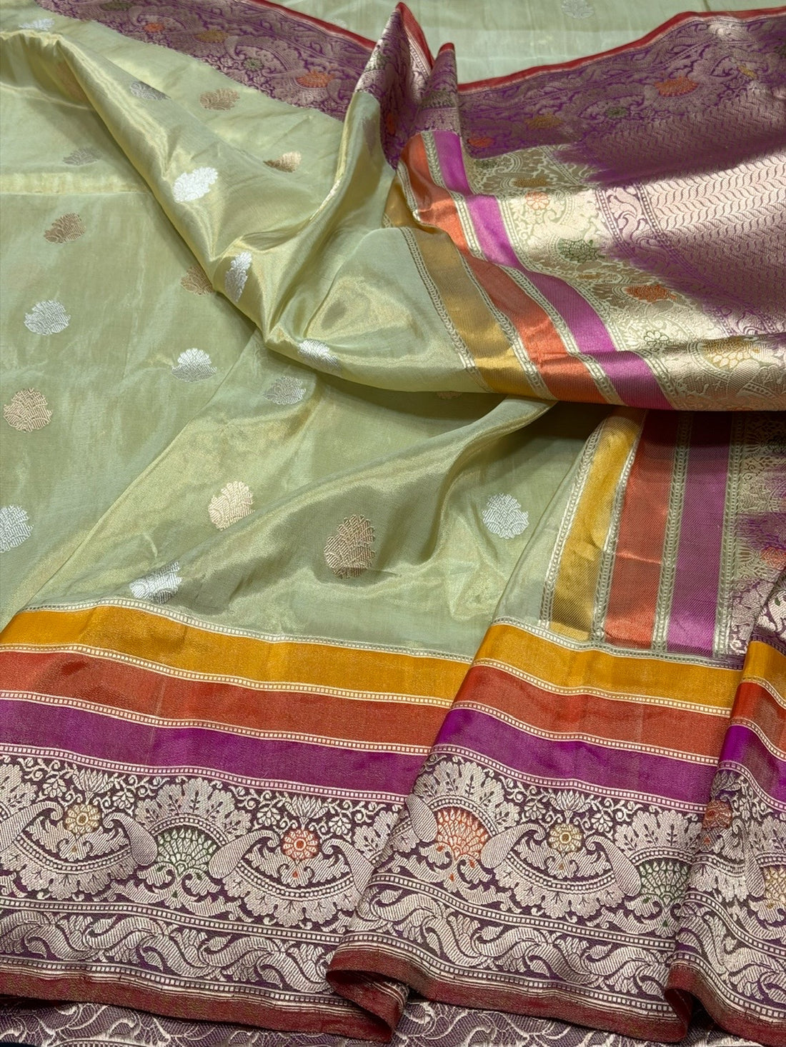 Pista Green Handwoven Pure Banarasi Tissue Silk Saree – Kadwa Weave | Lightweight Katan-Tissue Silk | Modern Skirt Design