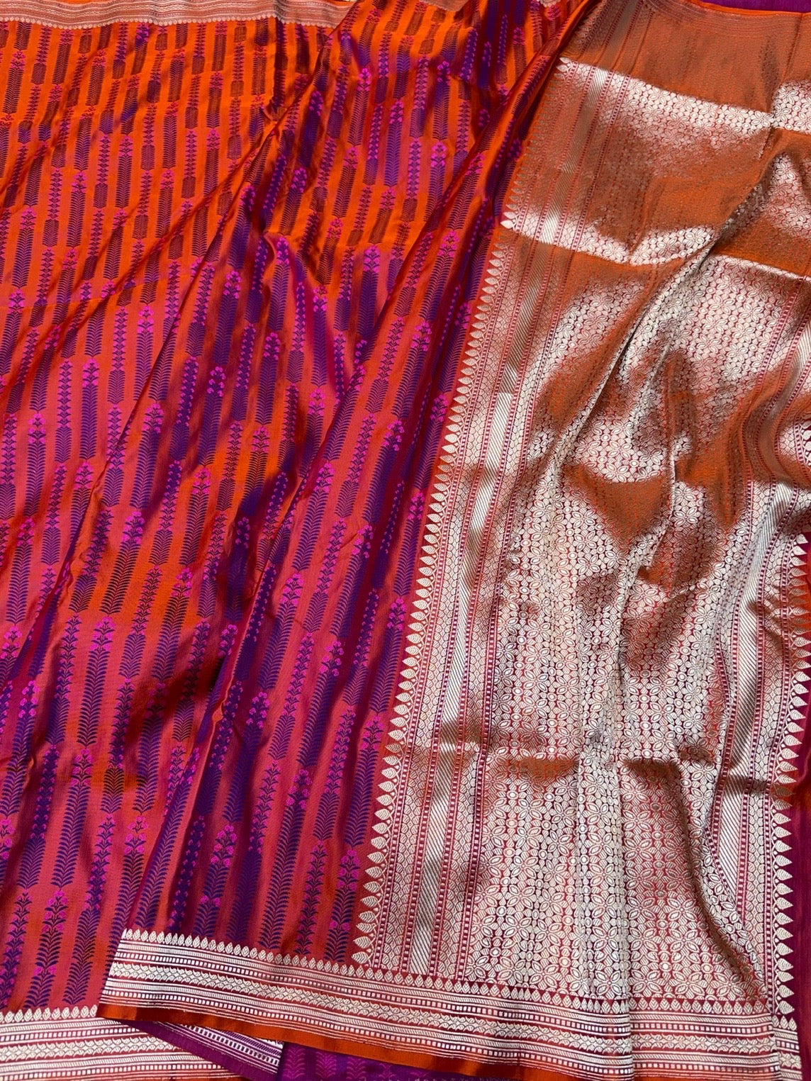 Orange Handwoven Pure Banarasi Satin Tanchoi Silk Saree