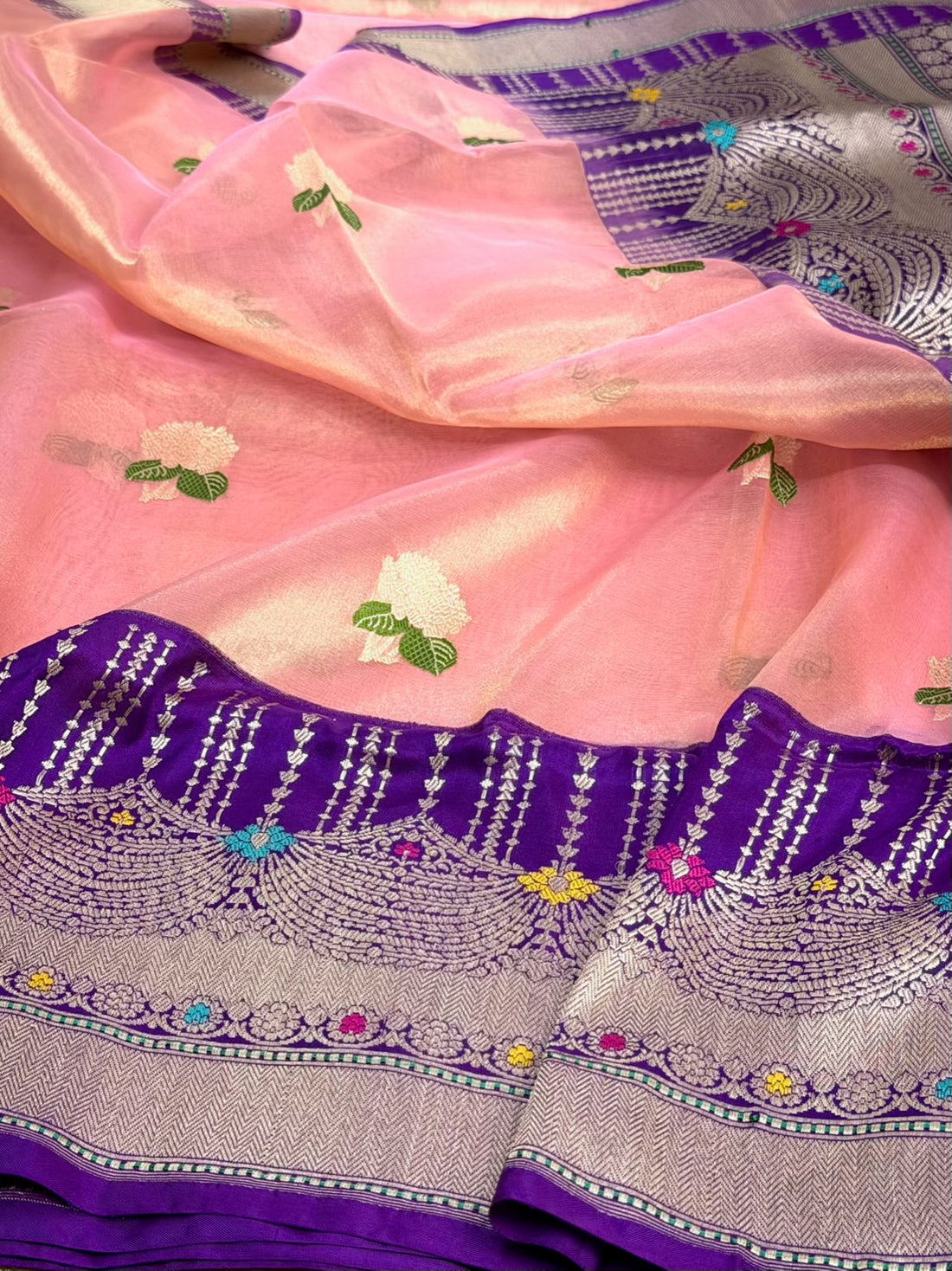 Peach Handwoven Pure Banarasi Tissue Saree