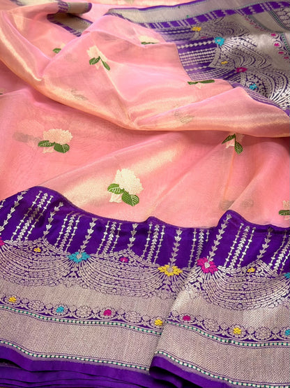 Peach Handwoven Pure Banarasi Tissue Saree