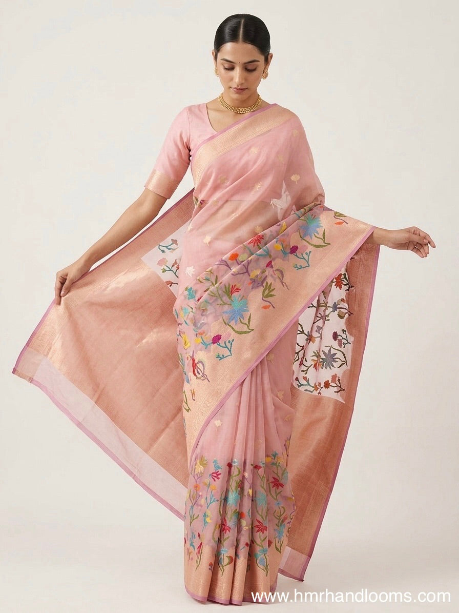 Peach Handwoven Pure Banarasi Organza Silk Saree
