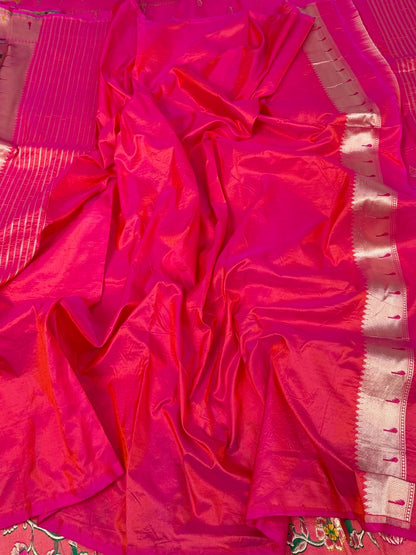 Orangish Pink Paithni Banarasi Minakari Pure Katan Silk Saree