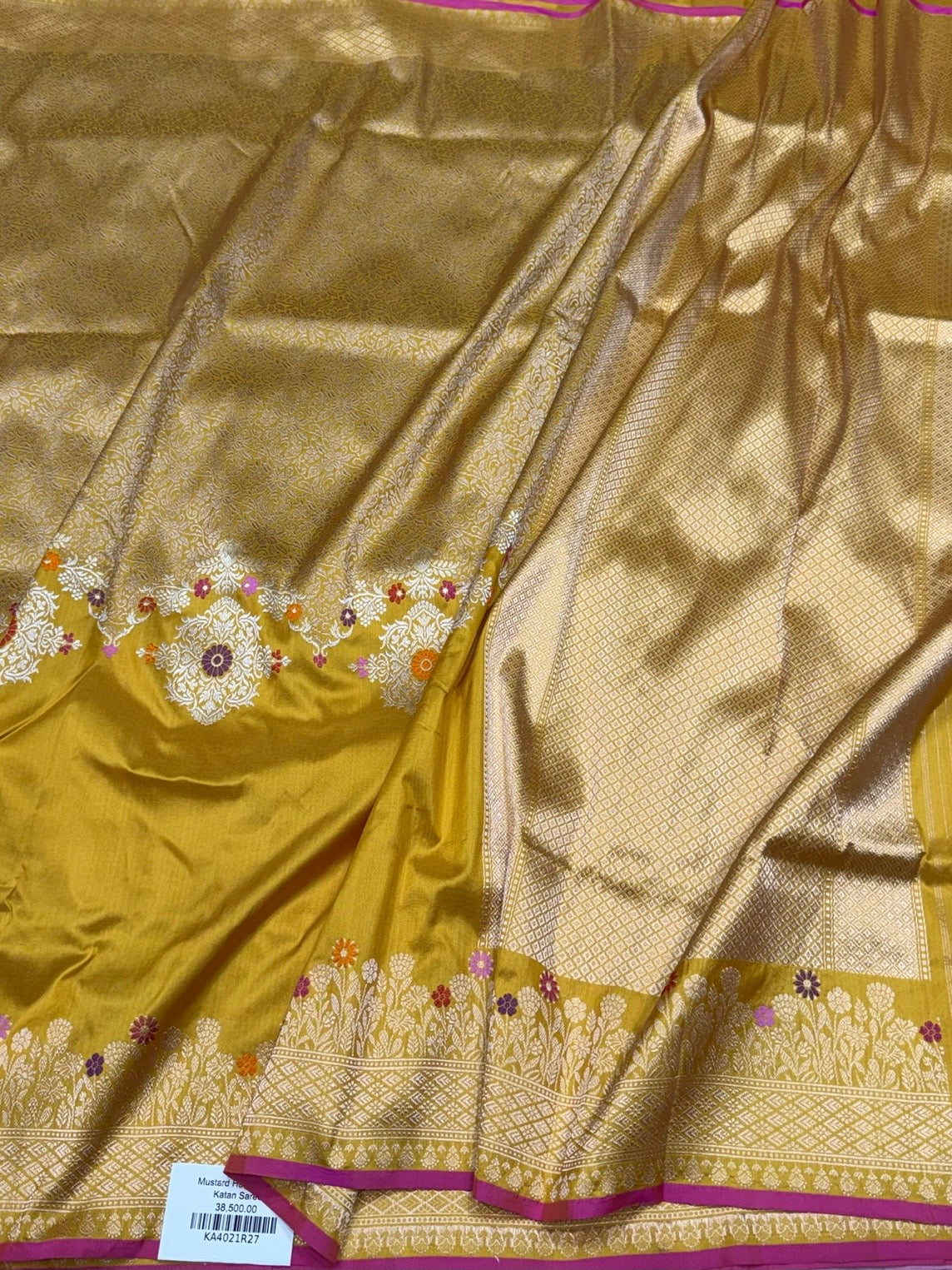 Mustard Yellow Handwoven Pure Banarasi Silk Saree in Kadwa Weave | Authentic Katan Mulberry Silk