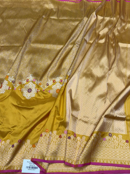 Mustard Yellow Handwoven Pure Banarasi Silk Saree in Kadwa Weave | Authentic Katan Mulberry Silk