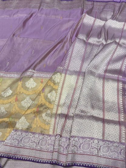 Lavender Handwoven Pure Banarasi Tissue Saree in Kadwa Weave | Pure Katan Tissue Silk