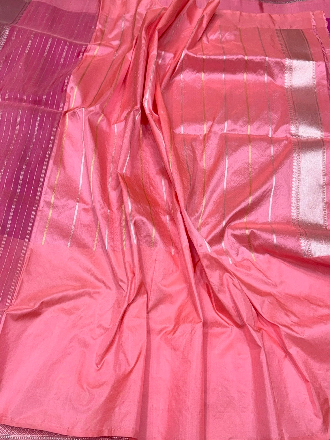 Rani Pink Handwoven Pure Organza Silk Saree in Kadwa Weave | 100% Pure Kora Silk